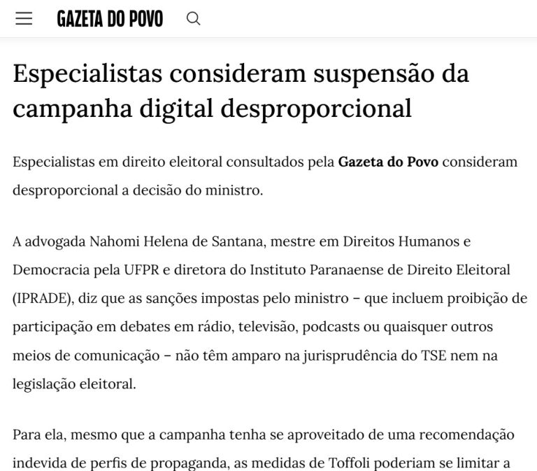 Nahomi Helena de Santana analisa suspensão da campanha de Renan Santos em reportagem da Gazeta do Povo